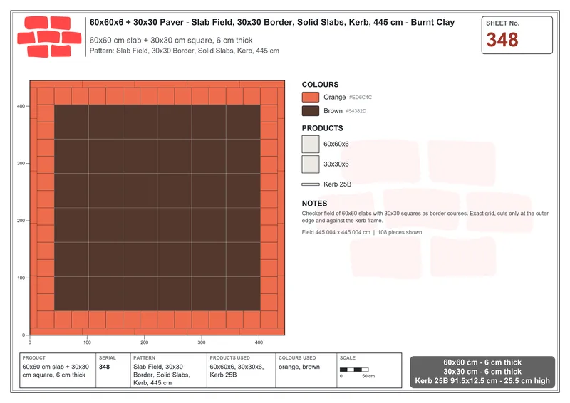 Interlock (Pasco) 60x60 cm · SQ66-348 · Slab Field, 30x30 Border, Solid Slabs, Kerb, 445 cm · Laying plan Interlock (Pasco) 60x60 cm · SQ66-348 · Slab Field, 30x30 Border, Solid Slabs, Kerb, 445 cm · Laying plan