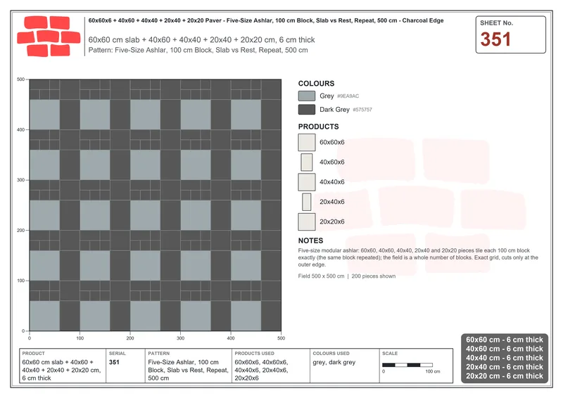 Interlock (Pasco) 60x60 cm · SQ66-351 · Five-Size Ashlar, 100 cm Block, Slab vs Rest, Repeat, 500 cm · Laying plan Interlock (Pasco) 60x60 cm · SQ66-351 · Five-Size Ashlar, 100 cm Block, Slab vs Rest, Repeat, 500 cm · Laying plan