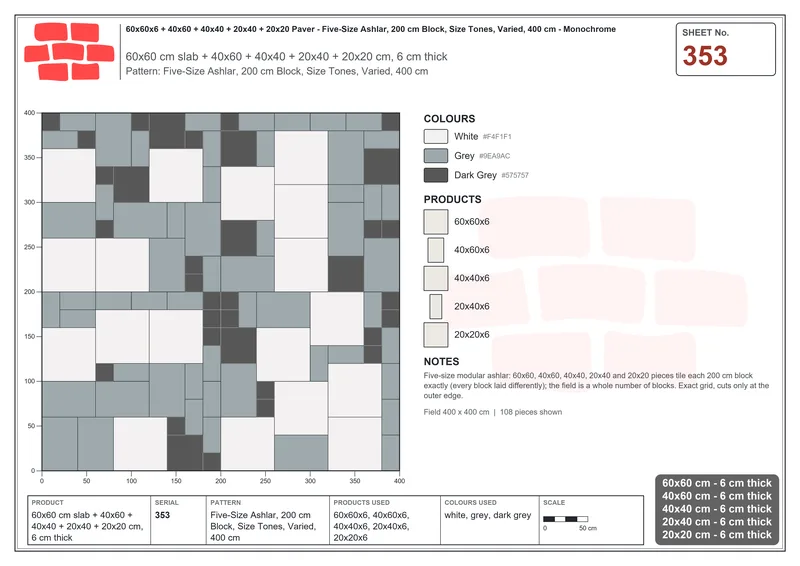 Interlock (Pasco) 60x60 cm · SQ66-353 · Five-Size Ashlar, 200 cm Block, Size Tones, Varied, 400 cm · Laying plan Interlock (Pasco) 60x60 cm · SQ66-353 · Five-Size Ashlar, 200 cm Block, Size Tones, Varied, 400 cm · Laying plan