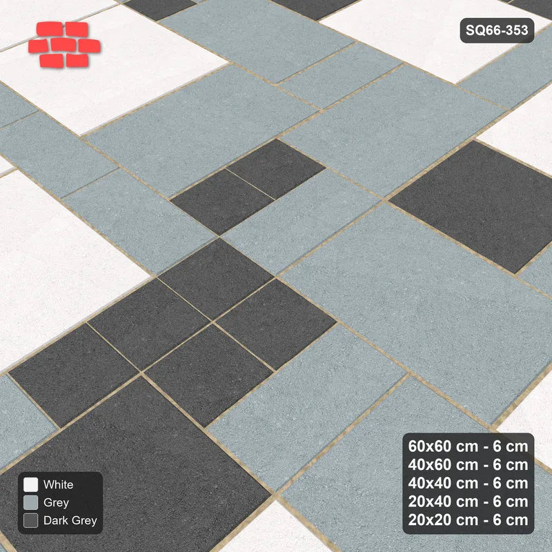 Interlock (Pasco) 60x60 cm · SQ66-353 · Five-Size Ashlar, 200 cm Block, Size Tones, Varied, 400 cm · Side view Interlock (Pasco) 60x60 cm · SQ66-353 · Five-Size Ashlar, 200 cm Block, Size Tones, Varied, 400 cm · Side view