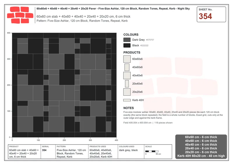 Interlock (Pasco) 60x60 cm · SQ66-354 · Five-Size Ashlar, 120 cm Block, Random Tones, Repeat, Kerb · Laying plan Interlock (Pasco) 60x60 cm · SQ66-354 · Five-Size Ashlar, 120 cm Block, Random Tones, Repeat, Kerb · Laying plan