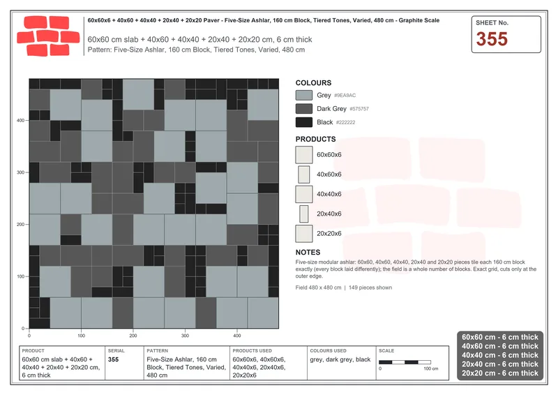 Interlock (Pasco) 60x60 cm · SQ66-355 · Five-Size Ashlar, 160 cm Block, Tiered Tones, Varied, 480 cm · Laying plan Interlock (Pasco) 60x60 cm · SQ66-355 · Five-Size Ashlar, 160 cm Block, Tiered Tones, Varied, 480 cm · Laying plan