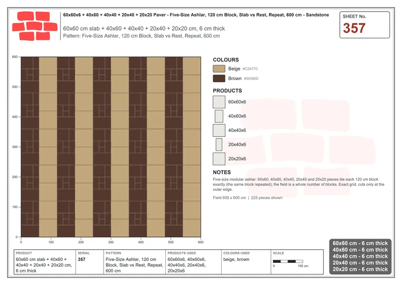 Interlock (Pasco) 60x60 cm · SQ66-357 · Five-Size Ashlar, 120 cm Block, Slab vs Rest, Repeat, 600 cm · Laying plan Interlock (Pasco) 60x60 cm · SQ66-357 · Five-Size Ashlar, 120 cm Block, Slab vs Rest, Repeat, 600 cm · Laying plan