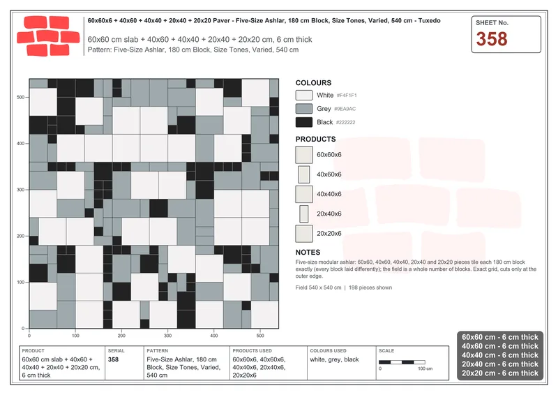 Interlock (Pasco) 60x60 cm · SQ66-358 · Five-Size Ashlar, 180 cm Block, Size Tones, Varied, 540 cm · Laying plan Interlock (Pasco) 60x60 cm · SQ66-358 · Five-Size Ashlar, 180 cm Block, Size Tones, Varied, 540 cm · Laying plan