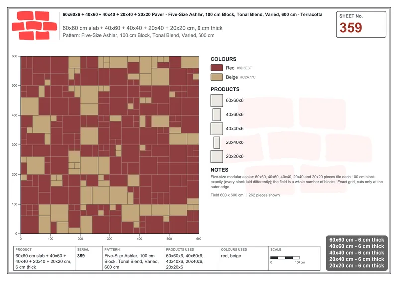 Interlock (Pasco) 60x60 cm · SQ66-359 · Five-Size Ashlar, 100 cm Block, Tonal Blend, Varied, 600 cm · Laying plan Interlock (Pasco) 60x60 cm · SQ66-359 · Five-Size Ashlar, 100 cm Block, Tonal Blend, Varied, 600 cm · Laying plan