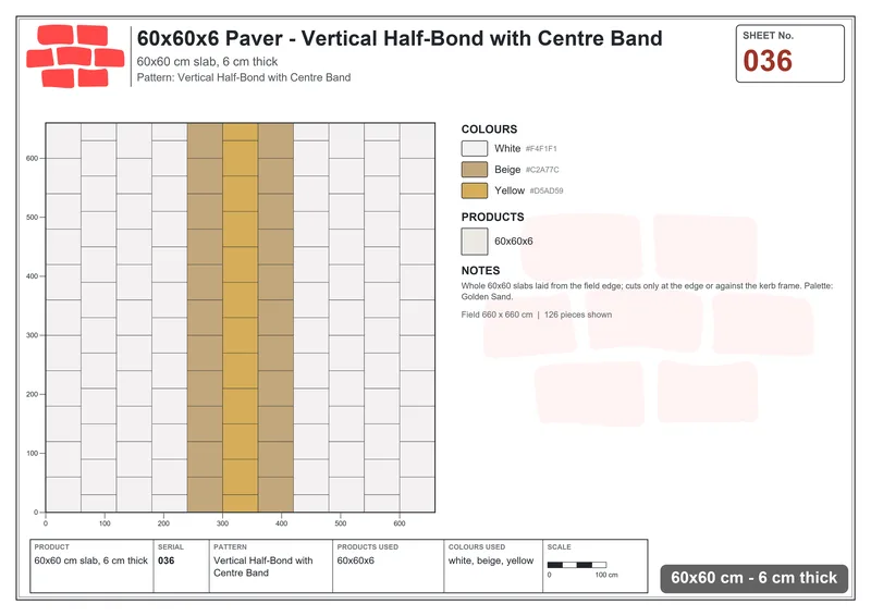 Interlock (Pasco) 60x60 cm · SQ66-36 · Vertical Half-Bond with Centre Band · Laying plan Interlock (Pasco) 60x60 cm · SQ66-36 · Vertical Half-Bond with Centre Band · Laying plan
