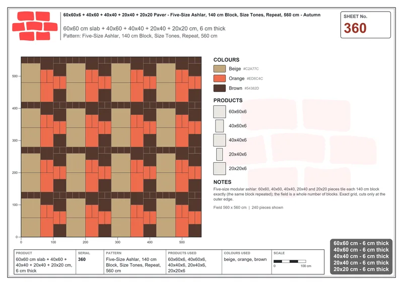 Interlock (Pasco) 60x60 cm · SQ66-360 · Five-Size Ashlar, 140 cm Block, Size Tones, Repeat, 560 cm · Laying plan Interlock (Pasco) 60x60 cm · SQ66-360 · Five-Size Ashlar, 140 cm Block, Size Tones, Repeat, 560 cm · Laying plan
