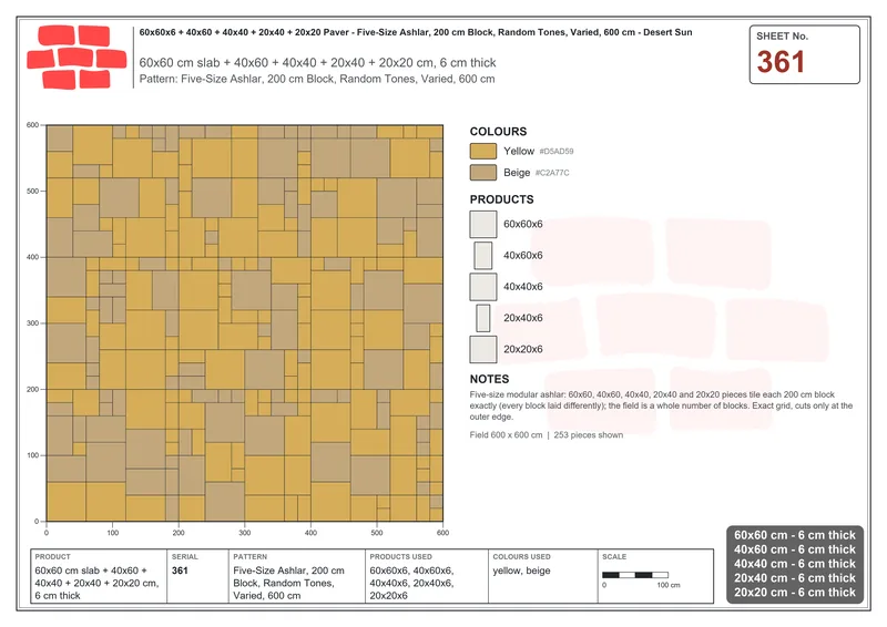 Interlock (Pasco) 60x60 cm · SQ66-361 · Five-Size Ashlar, 200 cm Block, Random Tones, Varied, 600 cm · Laying plan Interlock (Pasco) 60x60 cm · SQ66-361 · Five-Size Ashlar, 200 cm Block, Random Tones, Varied, 600 cm · Laying plan