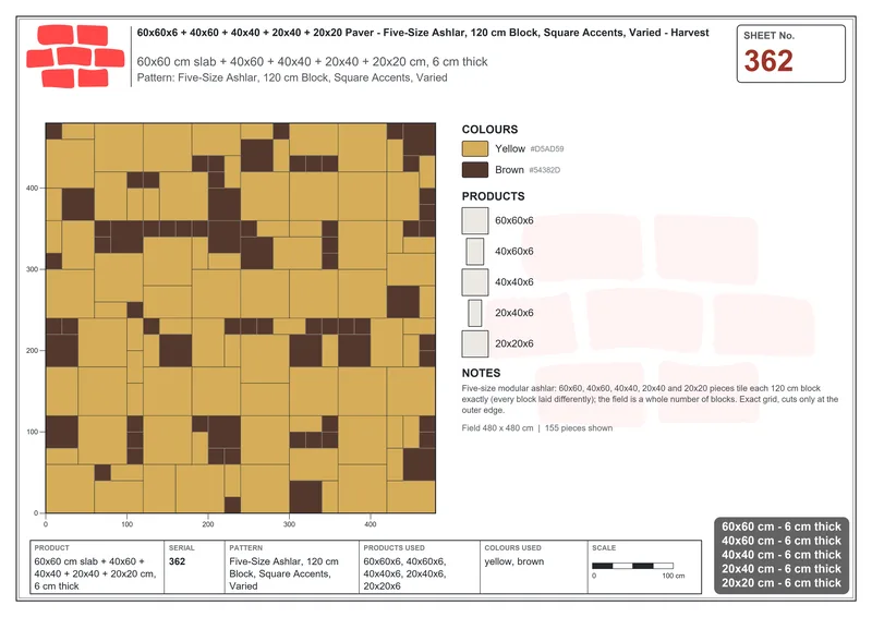 Interlock (Pasco) 60x60 cm · SQ66-362 · Five-Size Ashlar, 120 cm Block, Square Accents, Varied · Laying plan Interlock (Pasco) 60x60 cm · SQ66-362 · Five-Size Ashlar, 120 cm Block, Square Accents, Varied · Laying plan