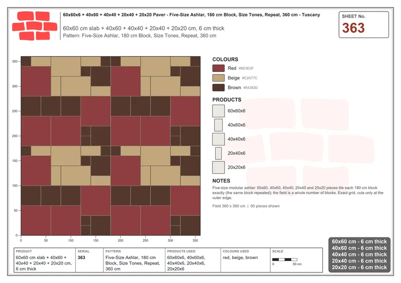 Interlock (Pasco) 60x60 cm · SQ66-363 · Five-Size Ashlar, 180 cm Block, Size Tones, Repeat, 360 cm · Laying plan Interlock (Pasco) 60x60 cm · SQ66-363 · Five-Size Ashlar, 180 cm Block, Size Tones, Repeat, 360 cm · Laying plan