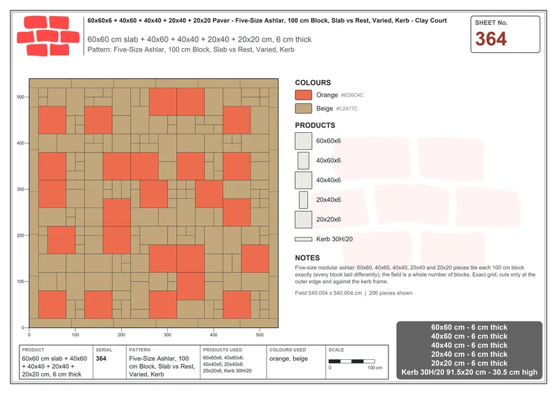 Interlock (Pasco) 60x60 cm · SQ66-364 · Five-Size Ashlar, 100 cm Block, Slab vs Rest, Varied, Kerb · Laying plan Interlock (Pasco) 60x60 cm · SQ66-364 · Five-Size Ashlar, 100 cm Block, Slab vs Rest, Varied, Kerb · Laying plan