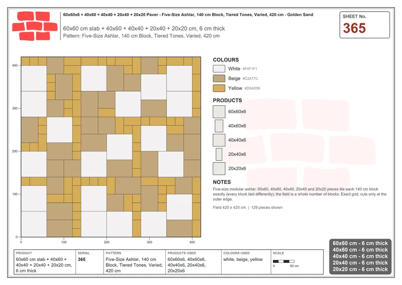 Interlock (Pasco) 60x60 cm · SQ66-365 · Five-Size Ashlar, 140 cm Block, Tiered Tones, Varied, 420 cm · Laying plan Interlock (Pasco) 60x60 cm · SQ66-365 · Five-Size Ashlar, 140 cm Block, Tiered Tones, Varied, 420 cm · Laying plan