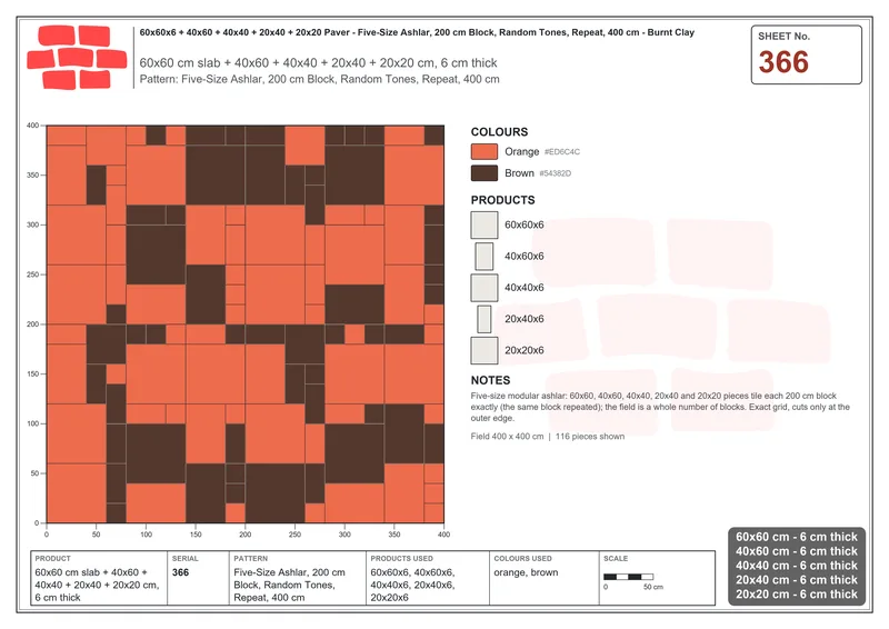 Interlock (Pasco) 60x60 cm · SQ66-366 · Five-Size Ashlar, 200 cm Block, Random Tones, Repeat, 400 cm · Laying plan Interlock (Pasco) 60x60 cm · SQ66-366 · Five-Size Ashlar, 200 cm Block, Random Tones, Repeat, 400 cm · Laying plan
