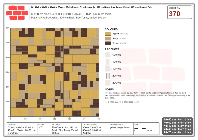 Interlock (Pasco) 60x60 cm · SQ66-370 · Five-Size Ashlar, 120 cm Block, Size Tones, Varied, 600 cm · Laying plan Interlock (Pasco) 60x60 cm · SQ66-370 · Five-Size Ashlar, 120 cm Block, Size Tones, Varied, 600 cm · Laying plan