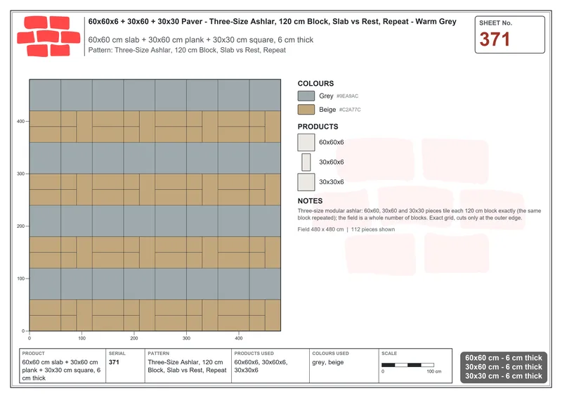 Interlock (Pasco) 60x60 cm · SQ66-371 · Three-Size Ashlar, 120 cm Block, Slab vs Rest, Repeat · Laying plan Interlock (Pasco) 60x60 cm · SQ66-371 · Three-Size Ashlar, 120 cm Block, Slab vs Rest, Repeat · Laying plan