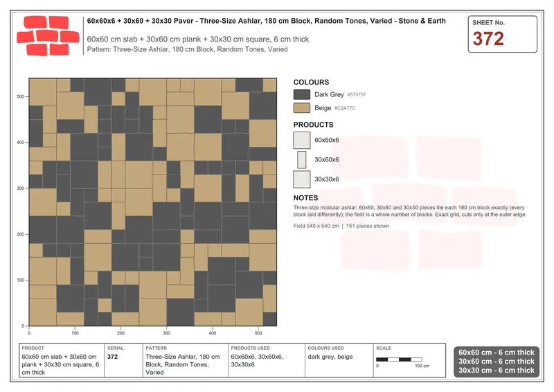 Interlock (Pasco) 60x60 cm · SQ66-372 · Three-Size Ashlar, 180 cm Block, Random Tones, Varied · Laying plan Interlock (Pasco) 60x60 cm · SQ66-372 · Three-Size Ashlar, 180 cm Block, Random Tones, Varied · Laying plan