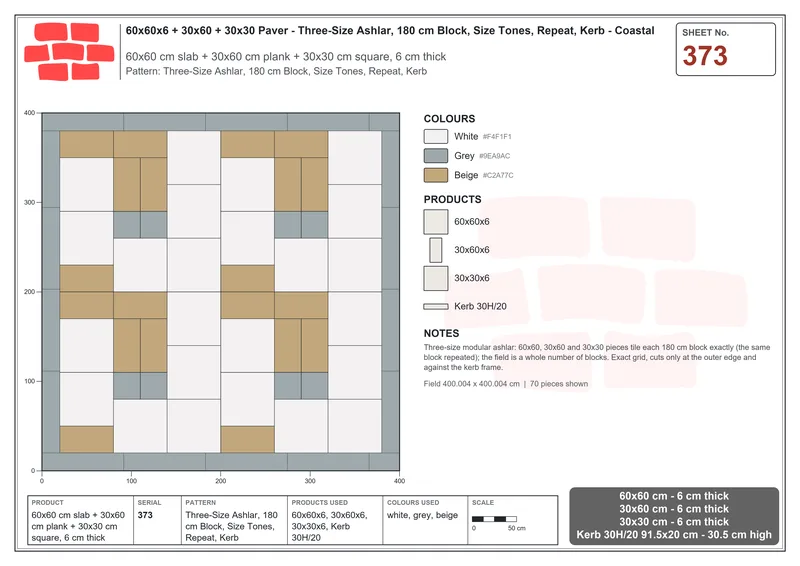 Interlock (Pasco) 60x60 cm · SQ66-373 · Three-Size Ashlar, 180 cm Block, Size Tones, Repeat, Kerb · Laying plan Interlock (Pasco) 60x60 cm · SQ66-373 · Three-Size Ashlar, 180 cm Block, Size Tones, Repeat, Kerb · Laying plan