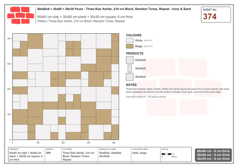 Interlock (Pasco) 60x60 cm · SQ66-374 · Three-Size Ashlar, 210 cm Block, Random Tones, Repeat · Laying plan Interlock (Pasco) 60x60 cm · SQ66-374 · Three-Size Ashlar, 210 cm Block, Random Tones, Repeat · Laying plan