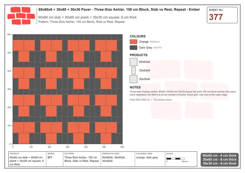 Interlock (Pasco) 60x60 cm · SQ66-377 · Three-Size Ashlar, 150 cm Block, Slab vs Rest, Repeat · Laying plan Interlock (Pasco) 60x60 cm · SQ66-377 · Three-Size Ashlar, 150 cm Block, Slab vs Rest, Repeat · Laying plan