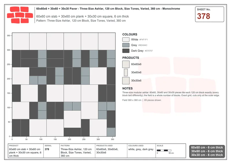 Interlock (Pasco) 60x60 cm · SQ66-378 · Three-Size Ashlar, 120 cm Block, Size Tones, Varied, 360 cm · Laying plan Interlock (Pasco) 60x60 cm · SQ66-378 · Three-Size Ashlar, 120 cm Block, Size Tones, Varied, 360 cm · Laying plan