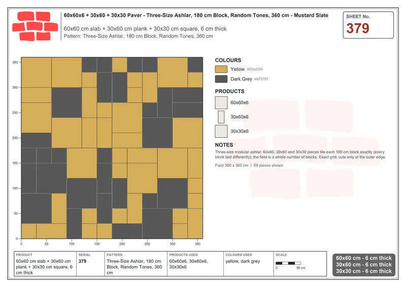 Interlock (Pasco) 60x60 cm · SQ66-379 · Three-Size Ashlar, 180 cm Block, Random Tones, 360 cm · Laying plan Interlock (Pasco) 60x60 cm · SQ66-379 · Three-Size Ashlar, 180 cm Block, Random Tones, 360 cm · Laying plan