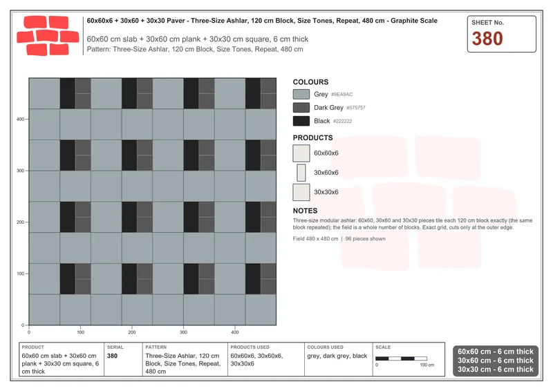 Interlock (Pasco) 60x60 cm · SQ66-380 · Three-Size Ashlar, 120 cm Block, Size Tones, Repeat, 480 cm · Laying plan Interlock (Pasco) 60x60 cm · SQ66-380 · Three-Size Ashlar, 120 cm Block, Size Tones, Repeat, 480 cm · Laying plan
