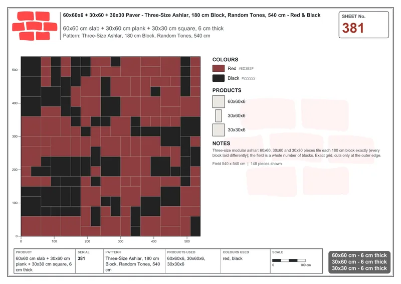 Interlock (Pasco) 60x60 cm · SQ66-381 · Three-Size Ashlar, 180 cm Block, Random Tones, 540 cm · Laying plan Interlock (Pasco) 60x60 cm · SQ66-381 · Three-Size Ashlar, 180 cm Block, Random Tones, 540 cm · Laying plan