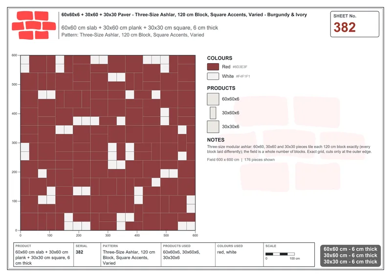 Interlock (Pasco) 60x60 cm · SQ66-382 · Three-Size Ashlar, 120 cm Block, Square Accents, Varied · Laying plan Interlock (Pasco) 60x60 cm · SQ66-382 · Three-Size Ashlar, 120 cm Block, Square Accents, Varied · Laying plan