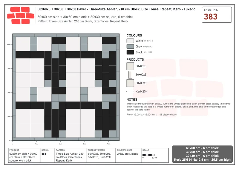 Interlock (Pasco) 60x60 cm · SQ66-383 · Three-Size Ashlar, 210 cm Block, Size Tones, Repeat, Kerb · Laying plan Interlock (Pasco) 60x60 cm · SQ66-383 · Three-Size Ashlar, 210 cm Block, Size Tones, Repeat, Kerb · Laying plan