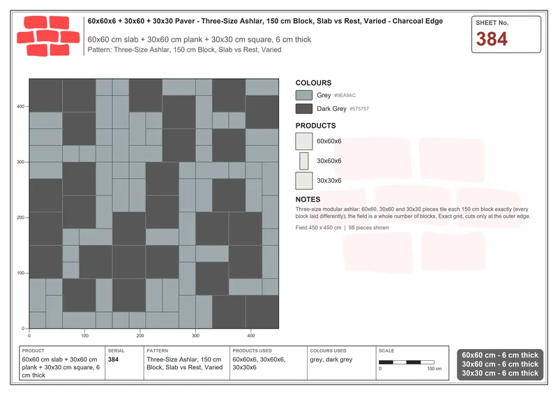 Interlock (Pasco) 60x60 cm · SQ66-384 · Three-Size Ashlar, 150 cm Block, Slab vs Rest, Varied · Laying plan Interlock (Pasco) 60x60 cm · SQ66-384 · Three-Size Ashlar, 150 cm Block, Slab vs Rest, Varied · Laying plan