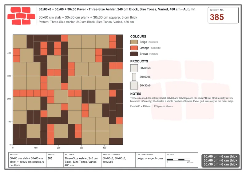 Interlock (Pasco) 60x60 cm · SQ66-385 · Three-Size Ashlar, 240 cm Block, Size Tones, Varied, 480 cm · Laying plan Interlock (Pasco) 60x60 cm · SQ66-385 · Three-Size Ashlar, 240 cm Block, Size Tones, Varied, 480 cm · Laying plan