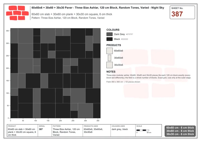 Interlock (Pasco) 60x60 cm · SQ66-387 · Three-Size Ashlar, 120 cm Block, Random Tones, Varied · Laying plan Interlock (Pasco) 60x60 cm · SQ66-387 · Three-Size Ashlar, 120 cm Block, Random Tones, Varied · Laying plan