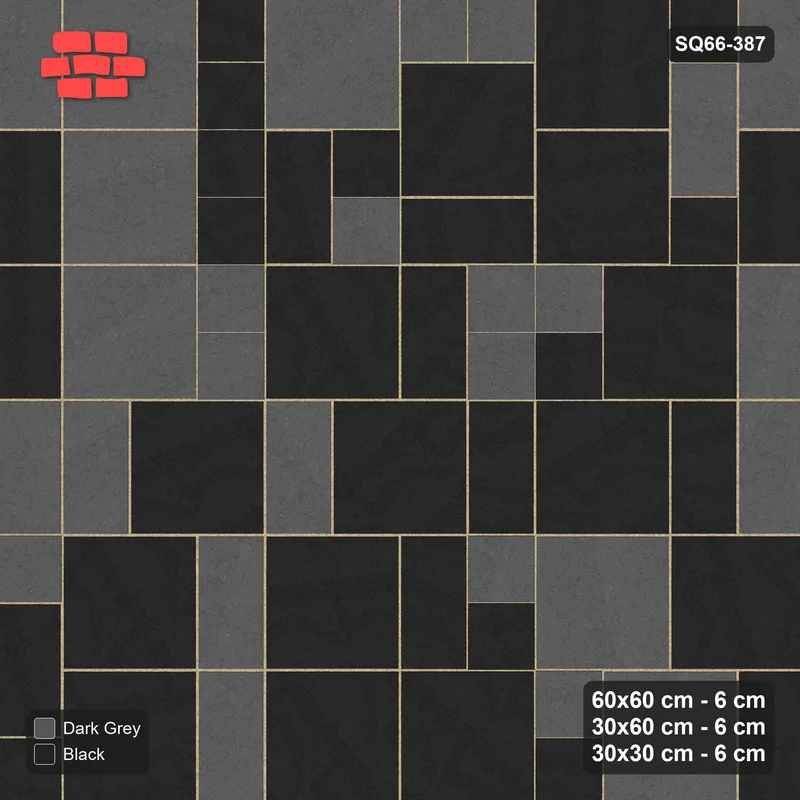 Interlock (Pasco) 60x60 cm · SQ66-387 · Three-Size Ashlar, 120 cm Block, Random Tones, Varied · Top view Interlock (Pasco) 60x60 cm · SQ66-387 · Three-Size Ashlar, 120 cm Block, Random Tones, Varied · Top view