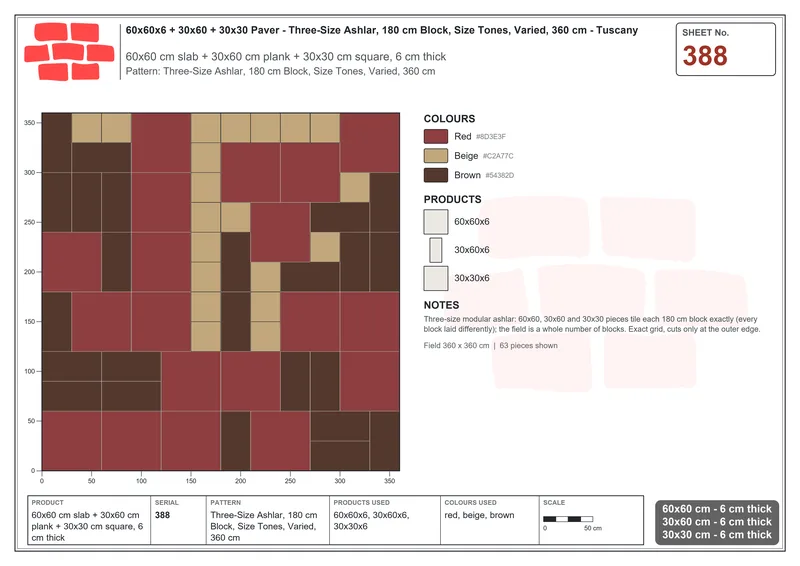 Interlock (Pasco) 60x60 cm · SQ66-388 · Three-Size Ashlar, 180 cm Block, Size Tones, Varied, 360 cm · Laying plan Interlock (Pasco) 60x60 cm · SQ66-388 · Three-Size Ashlar, 180 cm Block, Size Tones, Varied, 360 cm · Laying plan