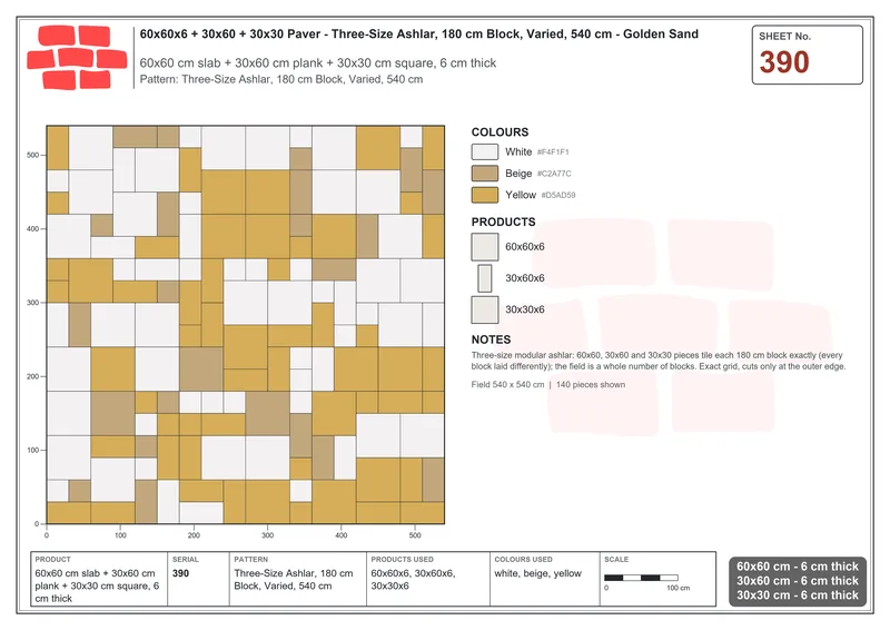 Interlock (Pasco) 60x60 cm · SQ66-390 · Three-Size Ashlar, 180 cm Block, Varied, 540 cm · Laying plan Interlock (Pasco) 60x60 cm · SQ66-390 · Three-Size Ashlar, 180 cm Block, Varied, 540 cm · Laying plan