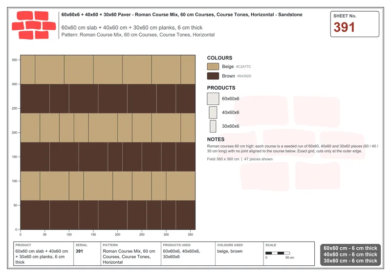 Interlock (Pasco) 60x60 cm · SQ66-391 · Roman Course Mix, 60 cm Courses, Course Tones, Horizontal · Laying plan Interlock (Pasco) 60x60 cm · SQ66-391 · Roman Course Mix, 60 cm Courses, Course Tones, Horizontal · Laying plan