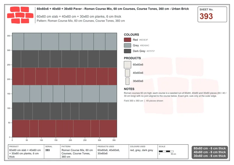 Interlock (Pasco) 60x60 cm · SQ66-393 · Roman Course Mix, 60 cm Courses, Course Tones, 360 cm · Laying plan Interlock (Pasco) 60x60 cm · SQ66-393 · Roman Course Mix, 60 cm Courses, Course Tones, 360 cm · Laying plan