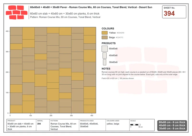 Interlock (Pasco) 60x60 cm · SQ66-394 · Roman Course Mix, 60 cm Courses, Tonal Blend, Vertical · Laying plan Interlock (Pasco) 60x60 cm · SQ66-394 · Roman Course Mix, 60 cm Courses, Tonal Blend, Vertical · Laying plan