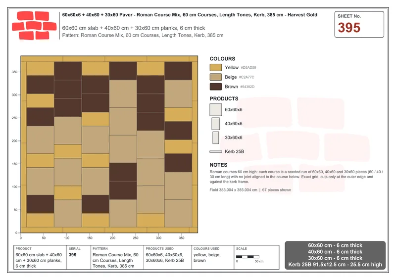 Interlock (Pasco) 60x60 cm · SQ66-395 · Roman Course Mix, 60 cm Courses, Length Tones, Kerb, 385 cm · Laying plan Interlock (Pasco) 60x60 cm · SQ66-395 · Roman Course Mix, 60 cm Courses, Length Tones, Kerb, 385 cm · Laying plan