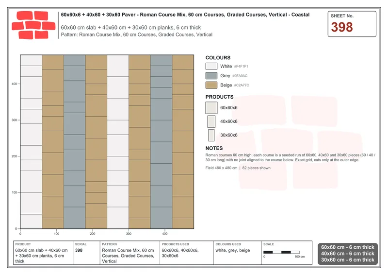 Interlock (Pasco) 60x60 cm · SQ66-398 · Roman Course Mix, 60 cm Courses, Graded Courses, Vertical · Laying plan Interlock (Pasco) 60x60 cm · SQ66-398 · Roman Course Mix, 60 cm Courses, Graded Courses, Vertical · Laying plan