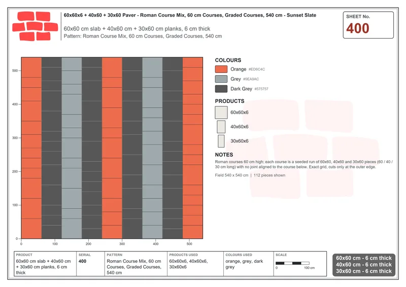 Interlock (Pasco) 60x60 cm · SQ66-400 · Roman Course Mix, 60 cm Courses, Graded Courses, 540 cm · Laying plan Interlock (Pasco) 60x60 cm · SQ66-400 · Roman Course Mix, 60 cm Courses, Graded Courses, 540 cm · Laying plan