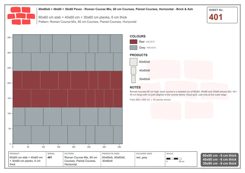 Interlock (Pasco) 60x60 cm · SQ66-401 · Roman Course Mix, 60 cm Courses, Paired Courses, Horizontal · Laying plan Interlock (Pasco) 60x60 cm · SQ66-401 · Roman Course Mix, 60 cm Courses, Paired Courses, Horizontal · Laying plan