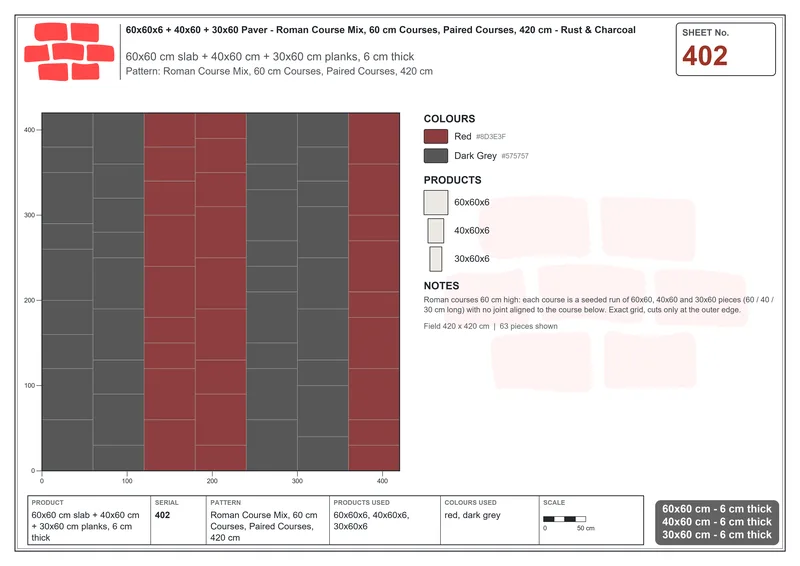Interlock (Pasco) 60x60 cm · SQ66-402 · Roman Course Mix, 60 cm Courses, Paired Courses, 420 cm · Laying plan Interlock (Pasco) 60x60 cm · SQ66-402 · Roman Course Mix, 60 cm Courses, Paired Courses, 420 cm · Laying plan