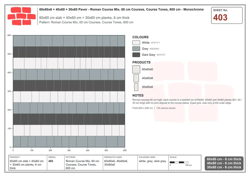 Interlock (Pasco) 60x60 cm · SQ66-403 · Roman Course Mix, 60 cm Courses, Course Tones, 600 cm · Laying plan Interlock (Pasco) 60x60 cm · SQ66-403 · Roman Course Mix, 60 cm Courses, Course Tones, 600 cm · Laying plan