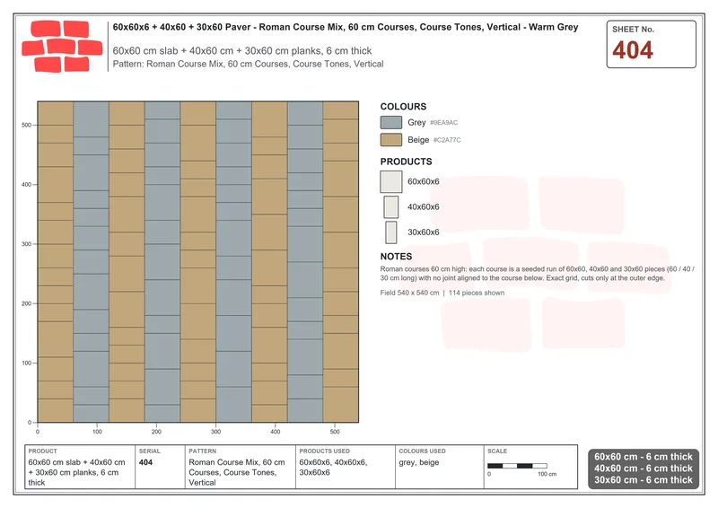 Interlock (Pasco) 60x60 cm · SQ66-404 · Roman Course Mix, 60 cm Courses, Course Tones, Vertical · Laying plan Interlock (Pasco) 60x60 cm · SQ66-404 · Roman Course Mix, 60 cm Courses, Course Tones, Vertical · Laying plan