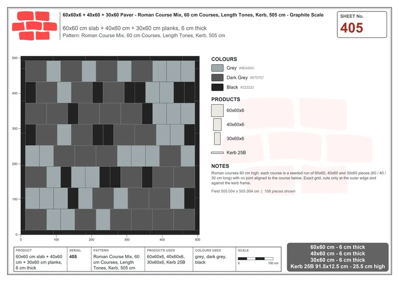 Interlock (Pasco) 60x60 cm · SQ66-405 · Roman Course Mix, 60 cm Courses, Length Tones, Kerb, 505 cm · Laying plan Interlock (Pasco) 60x60 cm · SQ66-405 · Roman Course Mix, 60 cm Courses, Length Tones, Kerb, 505 cm · Laying plan