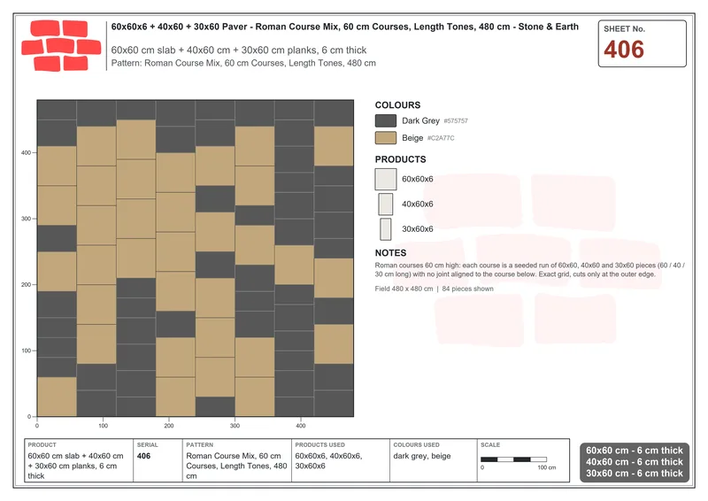 Interlock (Pasco) 60x60 cm · SQ66-406 · Roman Course Mix, 60 cm Courses, Length Tones, 480 cm · Laying plan Interlock (Pasco) 60x60 cm · SQ66-406 · Roman Course Mix, 60 cm Courses, Length Tones, 480 cm · Laying plan