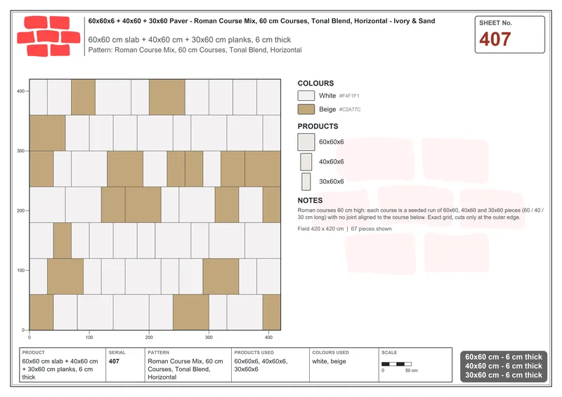 Interlock (Pasco) 60x60 cm · SQ66-407 · Roman Course Mix, 60 cm Courses, Tonal Blend, Horizontal · Laying plan Interlock (Pasco) 60x60 cm · SQ66-407 · Roman Course Mix, 60 cm Courses, Tonal Blend, Horizontal · Laying plan