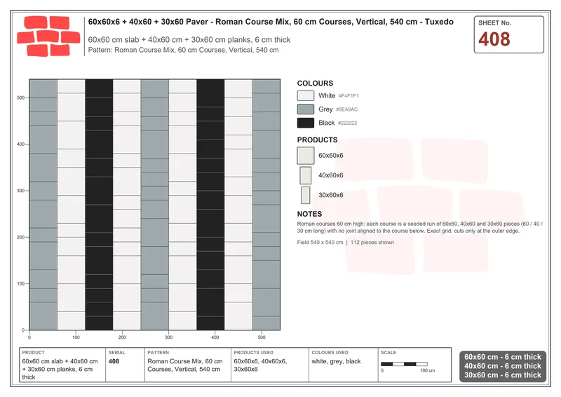 Interlock (Pasco) 60x60 cm · SQ66-408 · Roman Course Mix, 60 cm Courses, Vertical, 540 cm · Laying plan Interlock (Pasco) 60x60 cm · SQ66-408 · Roman Course Mix, 60 cm Courses, Vertical, 540 cm · Laying plan