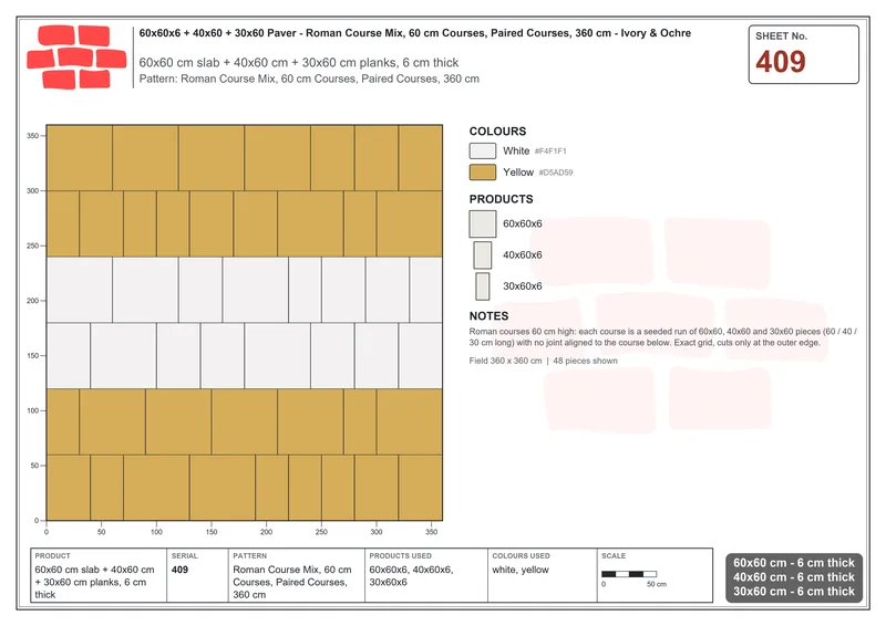 Interlock (Pasco) 60x60 cm · SQ66-409 · Roman Course Mix, 60 cm Courses, Paired Courses, 360 cm · Laying plan Interlock (Pasco) 60x60 cm · SQ66-409 · Roman Course Mix, 60 cm Courses, Paired Courses, 360 cm · Laying plan